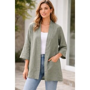 Preston & York Womens Linen Jacket Olive Green Middie 3/4 Sleeve Size 8 NWT $119